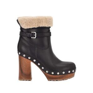 Guess Women’s Leather Booties Faux Fur & Studded Block Heels In Black Size 7